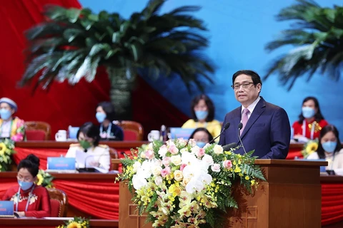 Thủ tướng Phạm Minh Chính phát biểu chúc mừng Đại hội. (Ảnh: Dương Giang/TTXVN)