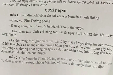 ông Nguyễn Thanh Hoàng, Phó trưởng phòng Văn hóa và Thông tin huyện Phong Điền () bị Chủ tịch UNBD huyện ký quyết định tạm đình chỉ công tác.