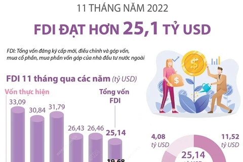 [Infographics] 11 tháng năm 2022, thu hút FDI đạt hơn 25,1 tỷ USD