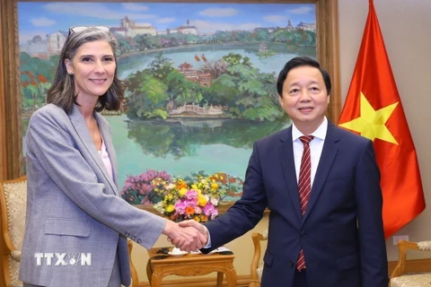 Phó Thủ tướng Trần Hồng Hà tiếp bà Ramla Khalidi, Trưởng đại diện thường trú Tổ chức Phát triển của Liên hợp quốc tại Việt Nam. (Ảnh: Văn Điệp/TTXVN)