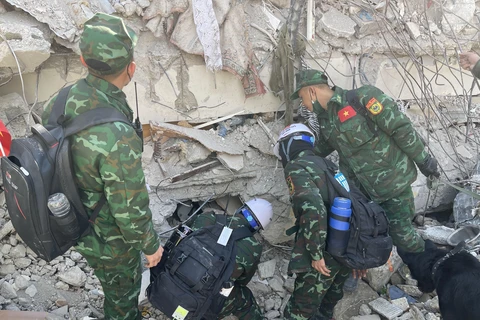 Lực lượng cứu hộ, cứu nạn Quân đội nhân dân Việt Nam sử dụng thiết bị và chó nghiệp vụ để tìm dấu vết các nạn nhân tại Antakya, thủ phủ tỉnh Hâty, Thổ Nhĩ Kỳ. (Ảnh: Hải Linh/TTXVN)