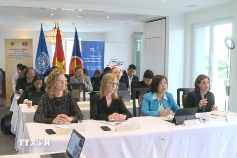 Bà Luisa Bernal (ngoài cùng bên phải), chuyên gia tài chính và phát triển bền vững, Văn phòng UNDP tại Geneva phát biểu tại hội thảo. (Ảnh: Văn Tuấn/TTXVN)