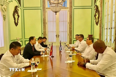 Đoàn đại biểu Ban Đối ngoại Trung ương hội kiến Ủy viên Bộ Chính trị, Bộ trưởng Ngoại giao Cuba Bruno Rodríguez Parrilla. (Ảnh: Mai Phương/TTXVN)