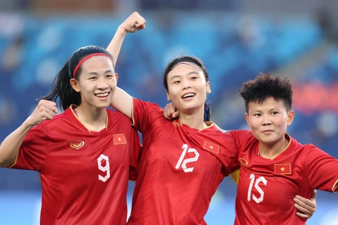 Đội tuyển Nữ Việt Nam đã có chiến thắng thứ 2 tại ASIAD 19. (Ảnh: Hoàng Linh/TTXVN)