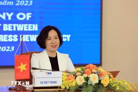 Tổng Giám đốc TTXVN Vũ Việt Trang phát biểu. (Ảnh: Tuấn Anh/TTXVN)