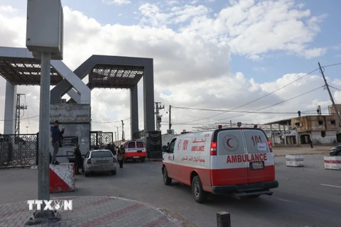 Xe cứu thương của Hiệp hội Trăng lưỡi liềm đỏ Palestine chở trẻ sơ sinh sơ tán khỏi Gaza qua cửa khẩu Rafah để vào Ai Cập ngày 20/11/2023. (Ảnh: AFP/TTXVN)