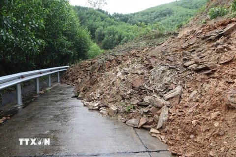 Sạt lở đất đá trên tỉnh lộ 624 tại khu vực đèo Eo Chim, xã Thanh An, huyện Minh Long. (Ảnh: TTXVN phát)