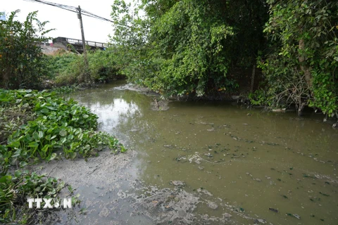 Dòng nước ô nhiễm chảy qua cầu Rạch Rễ Dưới ngang qua Quốc lộ 22B, trên địa bàn xã Trường Đông, Thị xã Hòa Thành, tỉnh Tây Ninh. (Ảnh: Minh Phú/TTXVN)