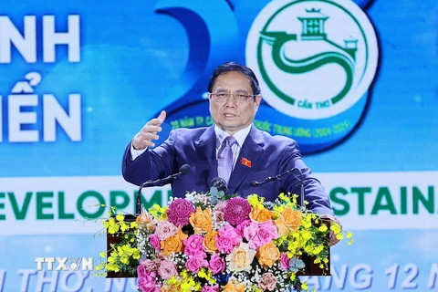 Thủ tướng Phạm Minh Chính phát biểu tại Hội nghị công bố Quy hoạch và xúc tiến đầu tư thành phố Cần Thơ. (Ảnh: Dương Giang/TTXVN)