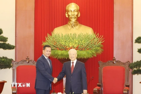 Tổng Bí thư Nguyễn Phú Trọng tiếp Thủ tướng Vương quốc Campuchia Samdech Hun Manet. (Ảnh: Trí Dũng/TTXVN)