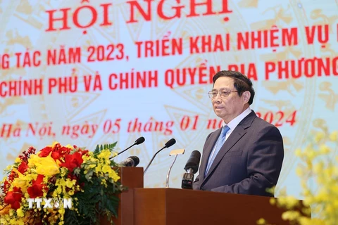 Thủ tướng Phạm Minh Chính phát biểu kết luận hội nghị. (Ảnh: Dương Giang/TTXVN)