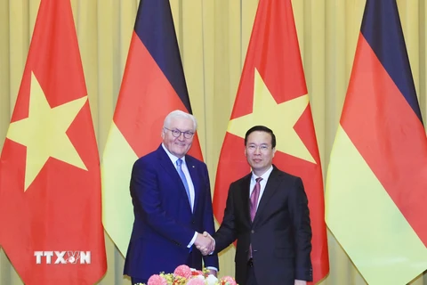 Chủ tịch nước Võ Văn Thưởng và Tổng thống Đức Frank-Walter Steinmeier tại buổi hội đàm. (Ảnh: Thống Nhất/TTXVN)