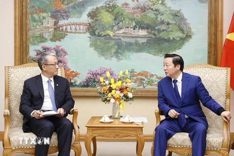 Phó Thủ tướng Trần Hồng Hà tiếp Tổng Giám đốc Tập đoàn Xây dựng Điện lực Trung Quốc Vương Bân. (Ảnh: Văn Điệp/TTXVN)