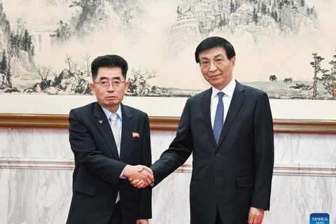 Ông Vương Hỗ Ninh (phải) tiếp ông Kim Song Nam. (Nguồn: Xinhua)