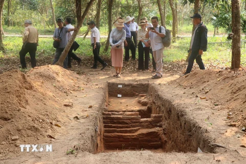 Các nhà khoa học khảo sát vị trí những hố thăm dò, khai quật tại Di sản Văn hóa thế giới Mỹ Sơn. (Ảnh: Đoàn Hữu Trung/TTXVN) 