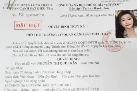 Quyết định truy nã đối tượng Nguyễn Thị Quế Trân trước đó.