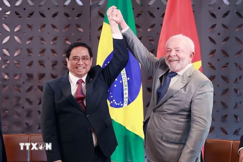 Thủ tướng Phạm Minh Chính hội kiến Tổng thống Brazil Luiz Inácio Lula da Silva. (Ảnh: Dương Giang/TTXVN)