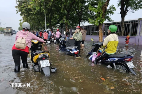 Trận mưa lớn khiến Khu công nghiệp Giao Long (huyện Châu Thành, Bến Tre) bị ngập nặng, công nhân phải lội bì bõm trong biển nước vào sáng 21/5. (Ảnh: Chương Đài/TTXVN)