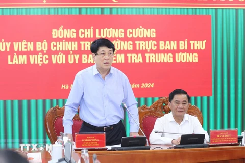 Ông Lương Cường, Ủy viên Bộ Chính trị, Thường trực Ban Bí thư phát biểu tại buổi làm việc. (Ảnh: Phương Hoa/TTXVN)