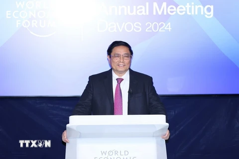 Thủ tướng Phạm Minh Chính phát biểu tại Phiên Đối thoại chiến lược quốc gia Việt Nam-WEF hồi tháng 1/2024. (Ảnh: Dương Giang/TTXVN)