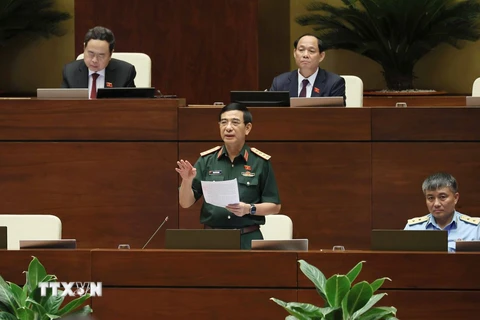 Đại tướng Phan Văn Giang, Bộ trưởng Bộ Quốc phòng giải trình, làm rõ một số vấn đề đại biểu Quốc hội nêu. (Ảnh: An Đăng/TTXVN)