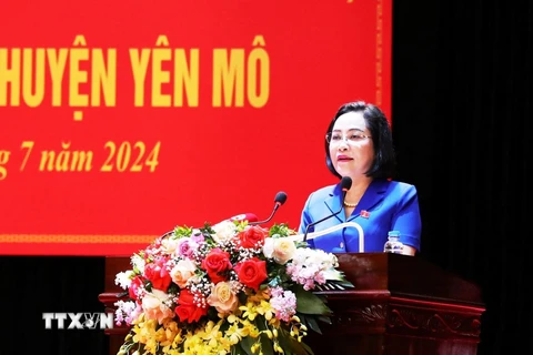 Bà Nguyễn Thị Thanh, Ủy viên Trung ương Đảng, Phó Chủ tịch Quốc hội phát biểu tại hội nghị. (Ảnh: Đức Phương/TTXVN)
