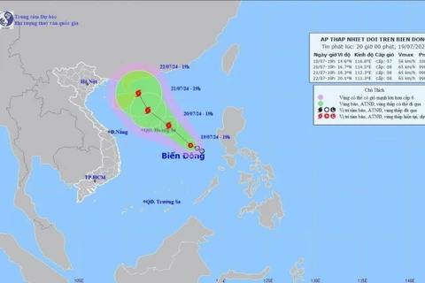 Đường đi của vùng Áp thấp trên biển Đông (tối 19/7/2024). (Ảnh: TTXVN phát)