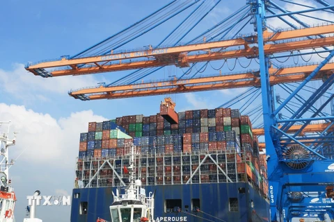 Bốc dỡ container lên tàu trọng tải 200.000DWT tại cảng quốc tế Gemalink, thị xã Phú Mỹ, tỉnh Bà Rịa-Vũng Tàu. (Ảnh: Hồng Đạt/TTXVN)