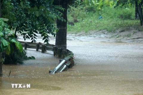 Quốc lộ 4D bị ngập sâu khiến nhiều phương tiện không thể di chuyển, sáng 9/9. (Ảnh: Quốc Khánh/TTXVN)