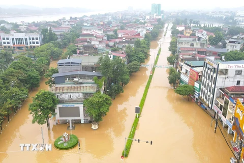 Phường Hồng Hà, Thái Học và Yên Ninh (thành phố Yên Bái) là các điểm bị ngập sâu trong sáng 9/9/2024. (Ảnh: Tuấn Anh/TTXVN)