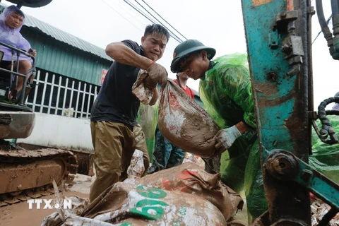 Quân và dân đồng sức, đồng lòng ngăn lũ tràn qua đê. (Ảnh: Minh Quyết/TTXVN)