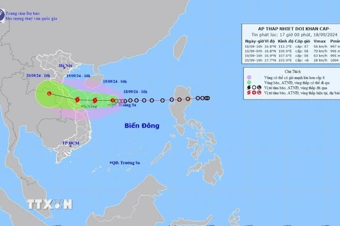 Đường đi của vùng áp thấp lúc 16h ngày 18/9/2024. (Ảnh: TTXVN phát)