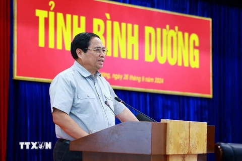 Thủ tướng Phạm Minh Chính phát biểu kết luận buổi làm việc với lãnh đạo tỉnh Bình Dương. (Ảnh: Dương Giang/TTXVN)