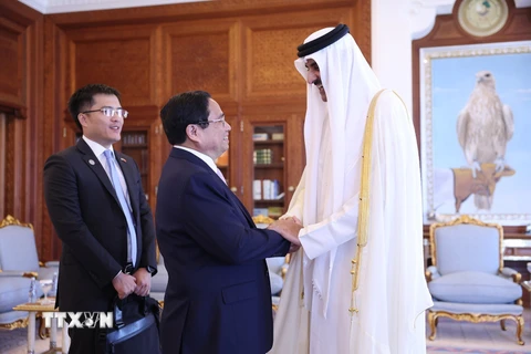 Thủ tướng Phạm Minh Chính chào Quốc vương Qatar Tamim bin Hamad Al Thani. (Ảnh: Dương Giang/TTXVN)