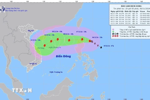 Hướng di chuyển của bão, tối 6/11. (Ảnh: TTXVN phát)