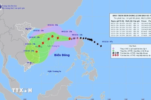 Đường đi của bão số 7, lúc 13 giờ ngày 8/11/2024. (Ảnh: TTXVN phát)