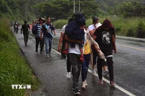 Người di cư di chuyển tới El Florido (Honduras), giáp giới với Guatemala, trong hành trình tới Mỹ. (Ảnh: AFP/TTXVN)