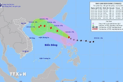 Đường đi của bão TORAJI, lúc 7giờ ngày 11/11/2024. (Ảnh: TTXVN phát)