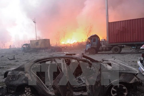 Hiện trường vụ nổ tại Thiên Tân. (Nguồn: AFP/TTXVN)