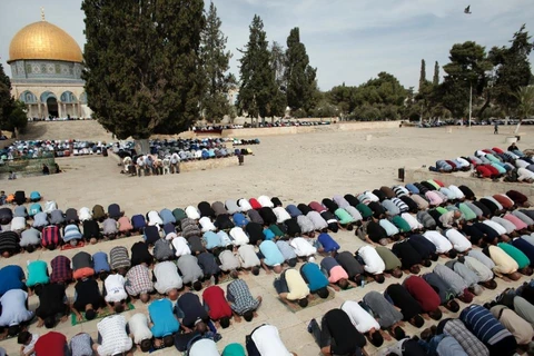 Tín đồ Hồi giáo cầu nguyện bên ngoài Đền thờ Al-Aqsa. (Nguồn: AFP)