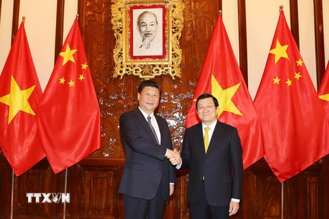 Chủ tịch nước Trương Tấn Sang hội đàm với Tổng Bí thư, Chủ tịch nước Trung Quốc Tập Cận Bình, sang thăm cấp Nhà nước Việt Nam. (Ảnh: Nguyễn Khang/TTXVN)