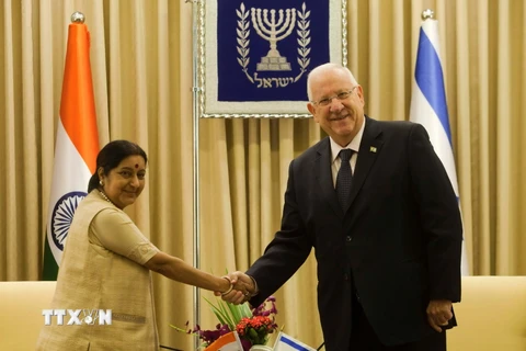 Ngoại trưởng Ấn Độ Sushma Swaraj tại cuộc gặp với Tổng thống Israel Reuven Rivlin. (Nguồn: AFP/TTXVN)