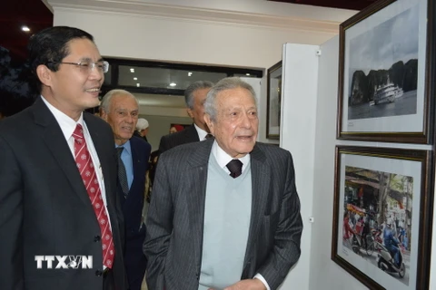 Đại sứ Đỗ Hoàng Long (trái) và ông Abdel Rauf El Reedy, cựu Đại sứ Ai Cập tại Việt Nam tham quan triển lãm ảnh. (Ảnh: Nguyễn Trường/TTXVN)