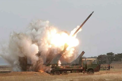 Triều Tiên bắn thử đạn pháo tầm xa từ bệ pháo đa nòng mới. (Nguồn: Yonhap/ TTXVN)