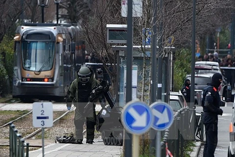 Cảnh sát Bỉ làm nhiệm vụ trong cuộc bố ráp ở Schaerbeek, Brussels, nơi nghi phạm Reda Kriket bị bắt giữ, ngày 25/3. (Nguồn: AFP/TTXVN) 