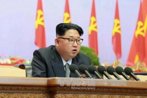 Nhà lãnh đạo Kim Jong Un phát biểu tại ngày họp thứ hai Đại hội Đảng Lao động Triều Tiên ở Bình Nhưỡng, ngày 7/5. (Nguồn: Kyodo/TTXVN)