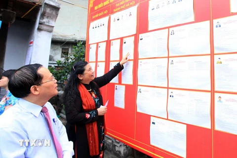 Phó Chủ tịch Quốc hội Tòng Thị Phóng tìm hiểu thông tin về các ứng cử viên trước khi bầu cử. (Ảnh: Anh Tuấn/TTXVN)