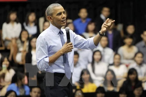 Tổng thống Mỹ Barack Obama đã có buổi gặp gỡ, giao lưu với hơn 800 bạn trẻ là thành viên của Sáng kiến Thủ lĩnh trẻ Đông Nam Á. (Ảnh: Quang Nhựt/TTXVN) 