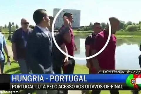 Ronaldo ném micro của phóng viên xuống hồ. (Nguồn: Daily Mail)