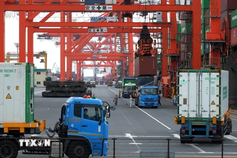 Xếp dỡ hàng hóa tại cảng hàng hóa quốc tế ở thủ đô Tokyo, Nhật Bản ngày 25/7. (Nguồn: AFP/TTXVN) 